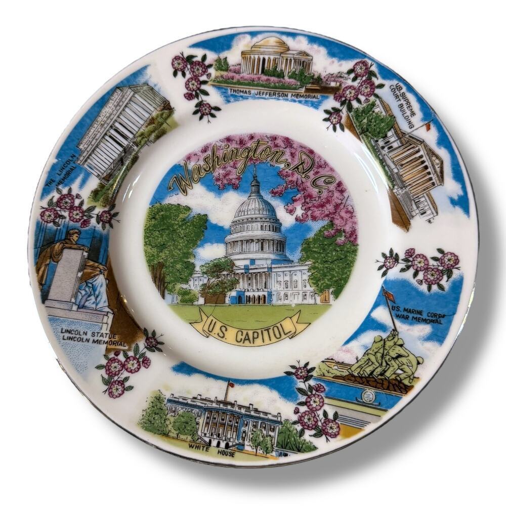 VTG US Capitol Washing DC Collectible Plate White Blue Silver Tone Trim 7.75”